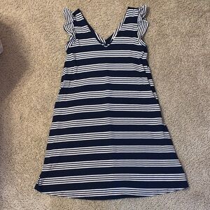 Women’s LOFT Navy Blue and White Striped Sleeveless T-Shirt Ruffle Sleeve Dress
